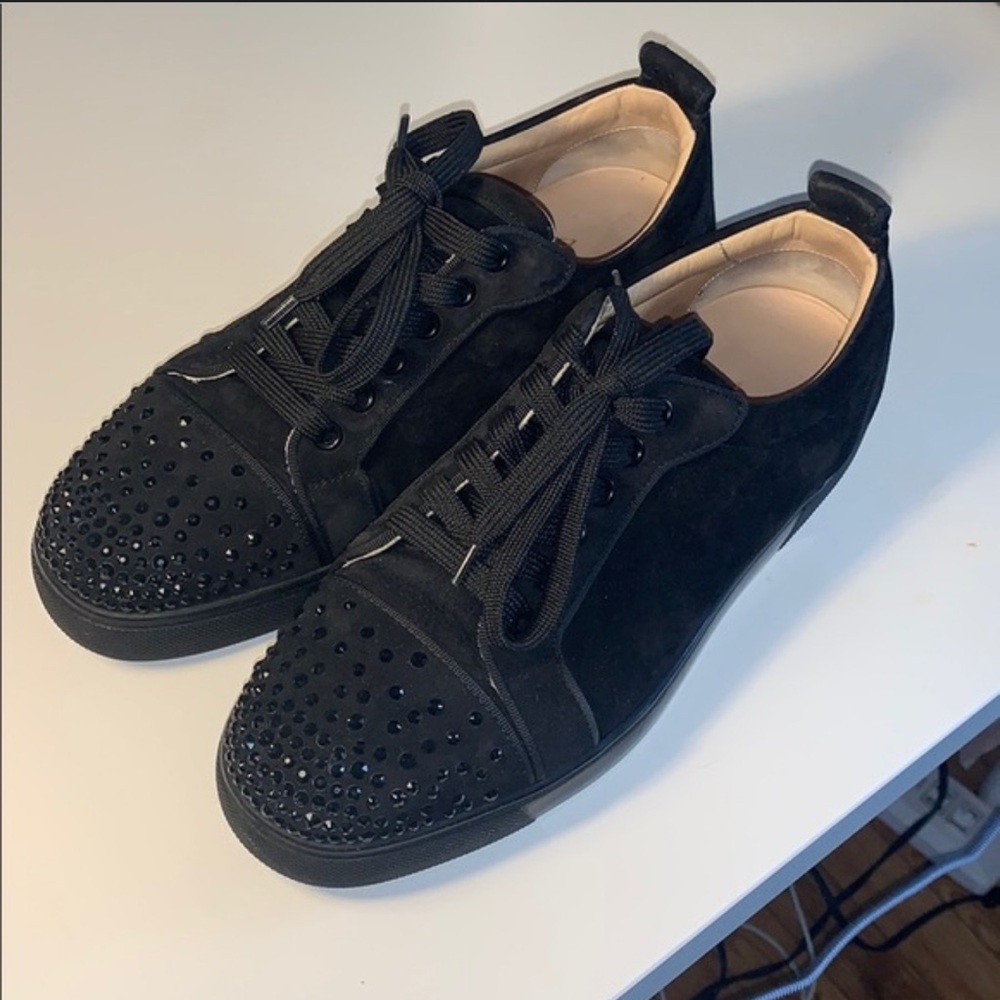 Christian Louboutin Louis Junior Spikes Sneakers Black Suede Swarovski Crystals